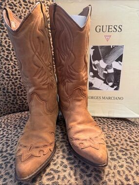GUESS Women’s Tan Leather Western Boot Pair